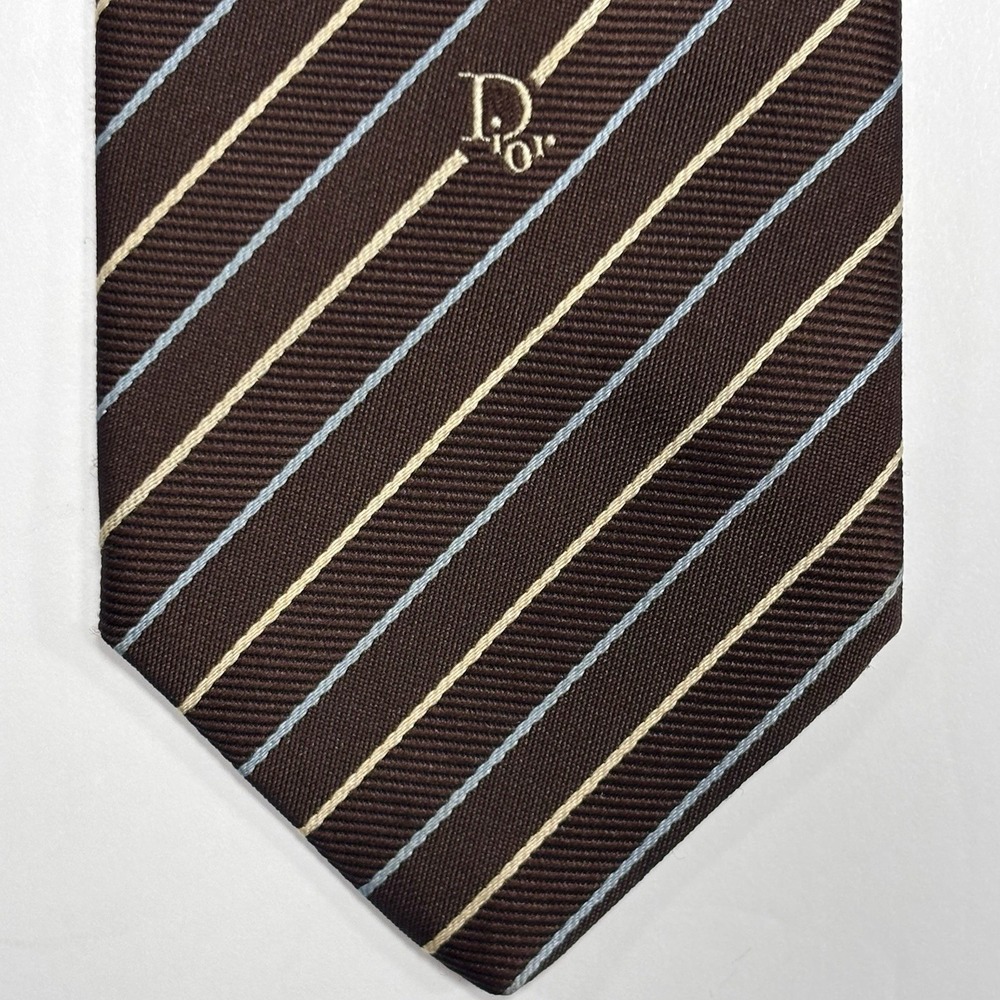 Vintage Christian Dior Tie Brown Tan Baby Blue Striped Polyester Silk Logo 90s